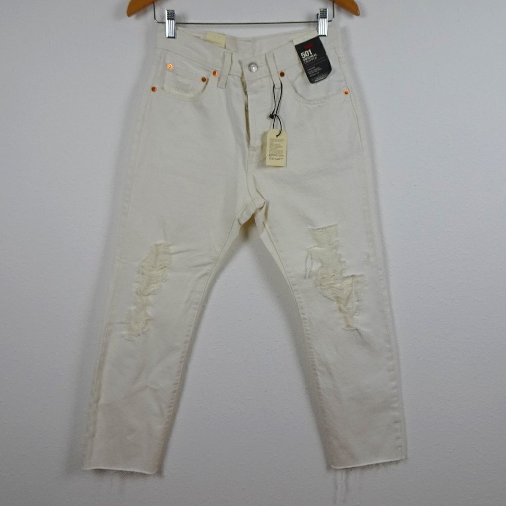 Levi's 501 Cropped Jeans Women's 27x26 White Denim Distressed Button Fly